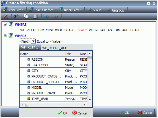 Create a filtering condition dialog box