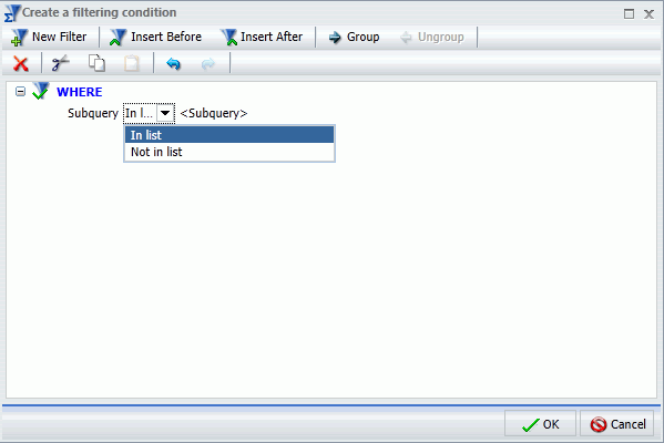 In list selected as comparison operator