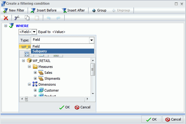 Subquery selection in the Type drop down menu