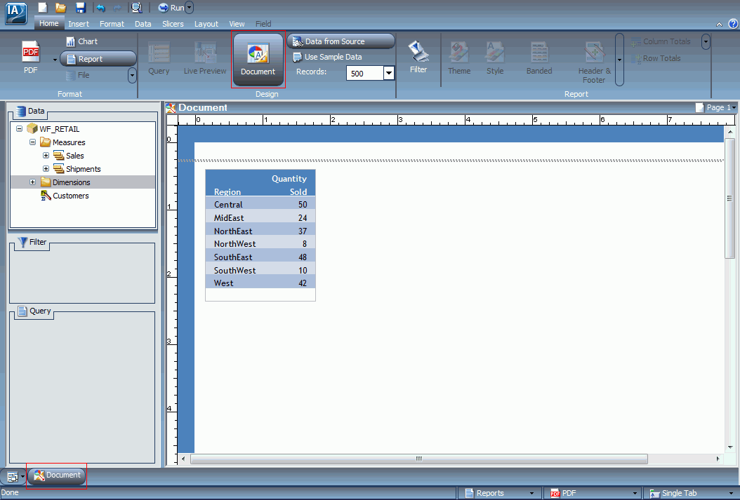 Document icon highlighted on ribbon and Navigation taskbar