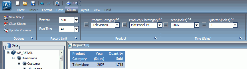 Report Filtered to Show Flat Panel TVs sold in 1Q 2007