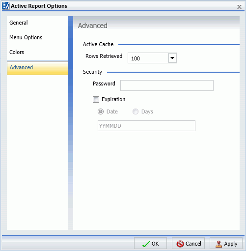 active report options dialog box