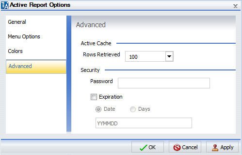 Active Report Options Dialog Box Advanced Tab