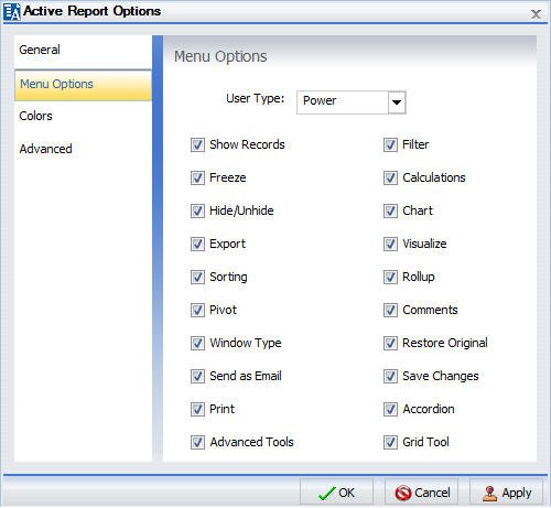Active Report Options Dialog Box Menu Options Tab