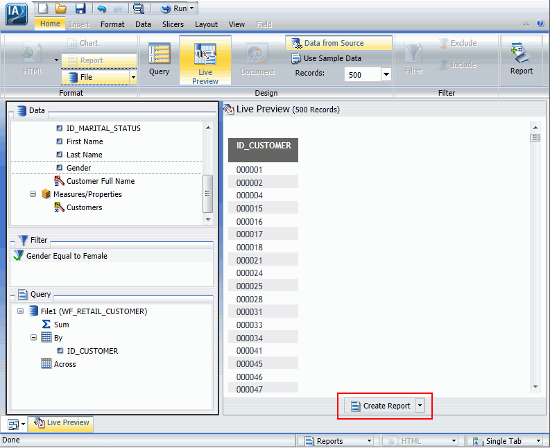 Create Report button in Live Preview