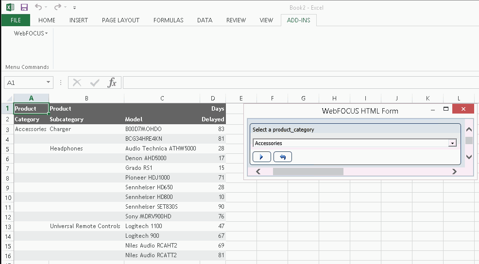 The ad hoc report selection window next to ad hoc report results imported into an Excel spreadsheet