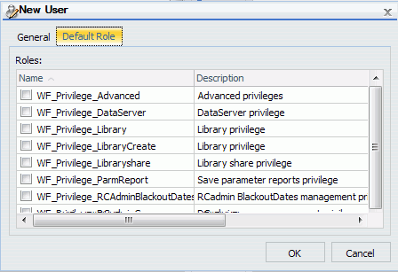 New User dialog box with Default Role tab enabled