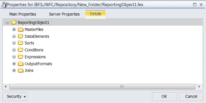 Reporting Object properties  Details tab