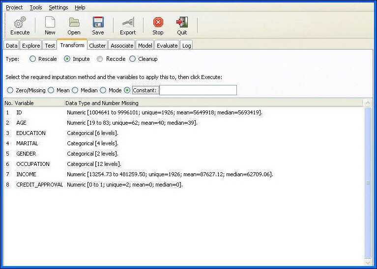 Impute options button in the Transform tab