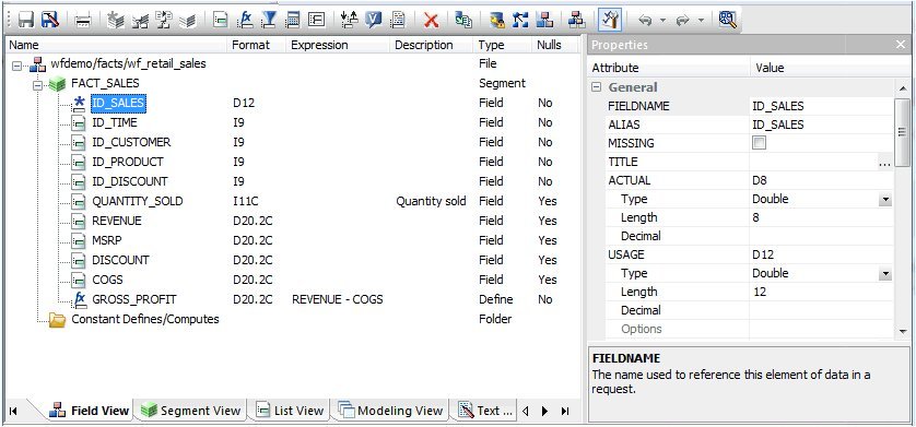 Example of an SQL data source with a key column selected