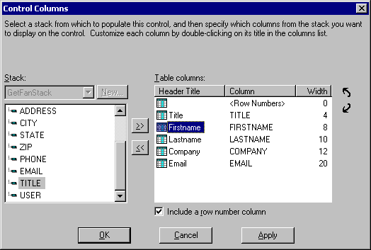 Conrtol Columns dialog box