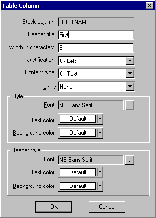 Table Column dialog box
