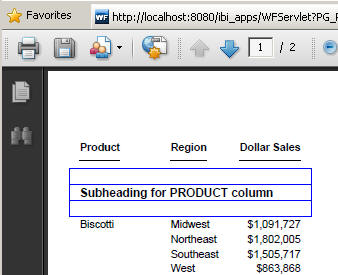 PDF report with a subheading and border settings for the cell