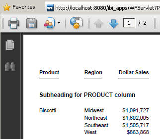 PDF report with a subheading and default span columns