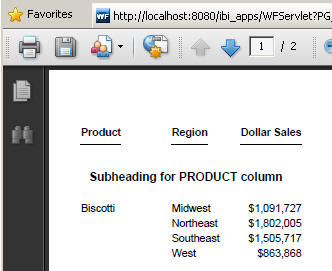 PDF report with a subheading showing center justify