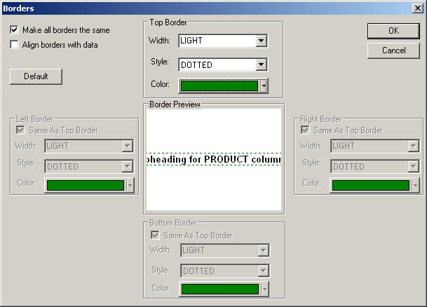 Borders dialog box for Cell Options