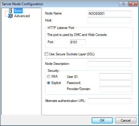 Server Node Configuration dialog box