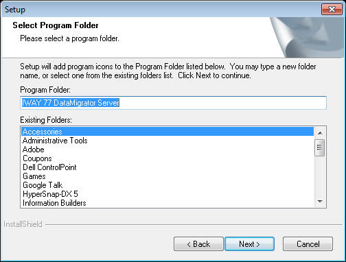 Select Program Folder window