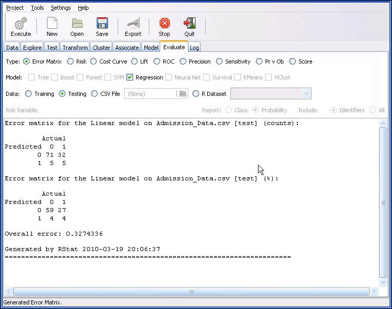 Error matrix output window