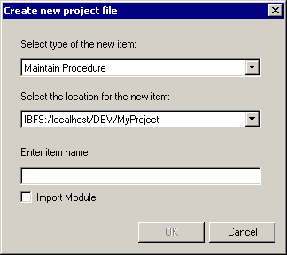 Create New project file dialog box