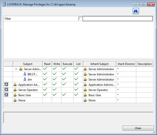 Manage Privileges Window