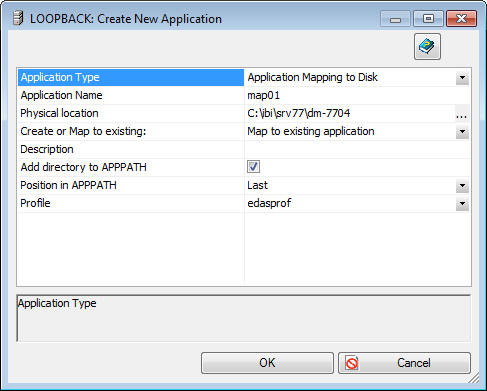 Create New Application dialog box