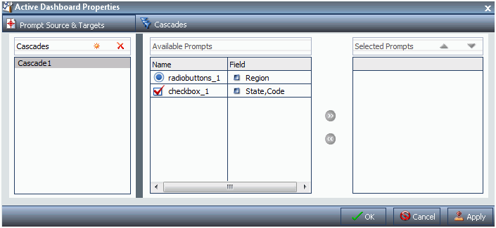 Active Dashboard Properties  Dialog Box With Region Field Associated With Radio Button and State Code Field Associated With Check Box