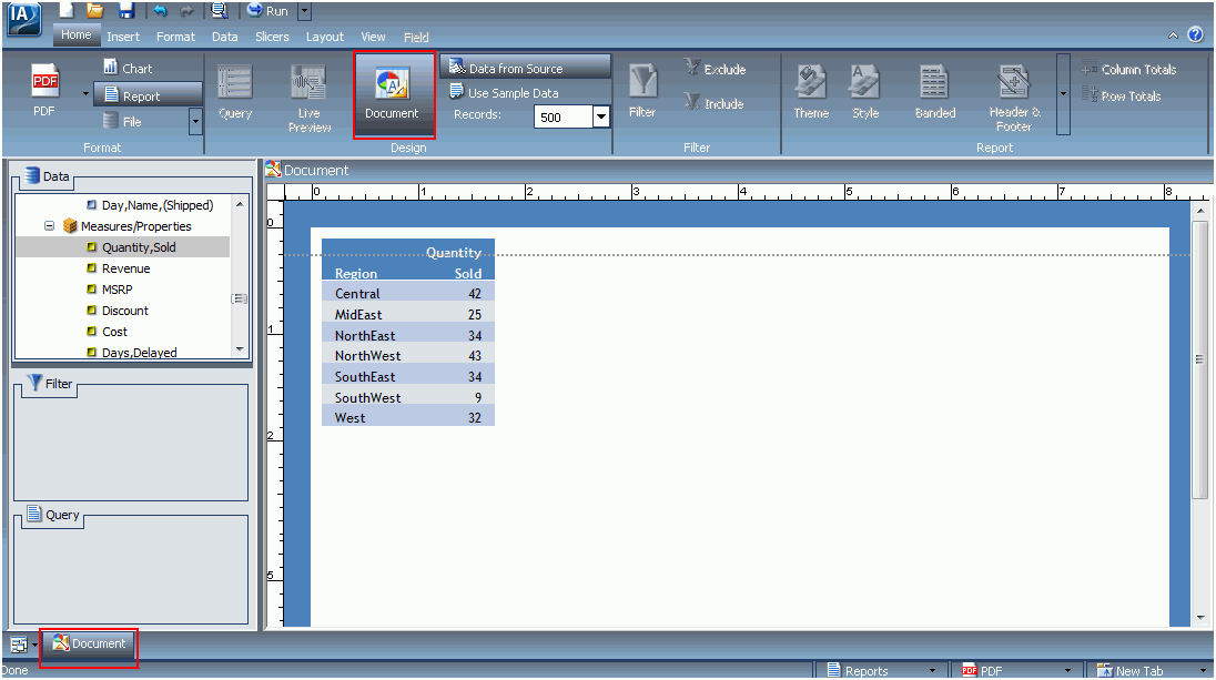 Document icon highlighted on ribbon and Navigation taskbar