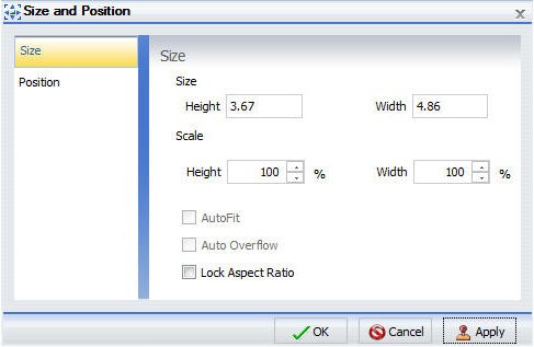 Size and Postion Dialog Box