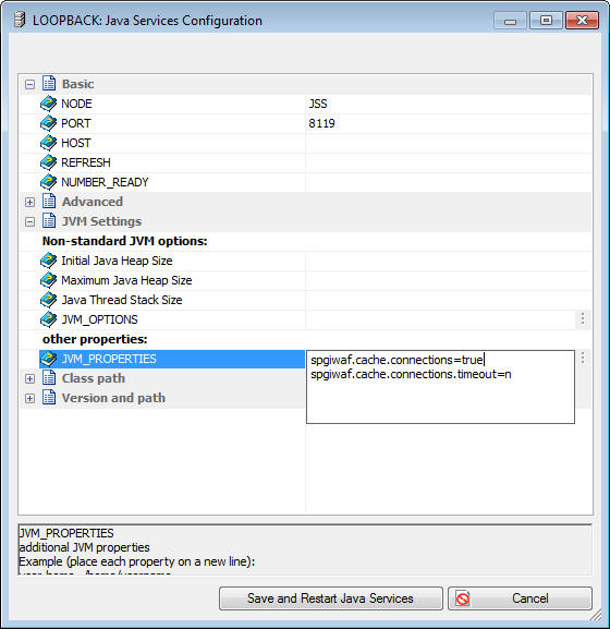 Java Services Configuration dialog box