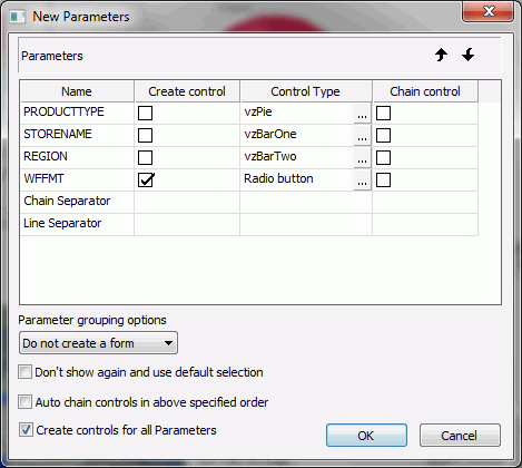 New Parameters report function dialog box
