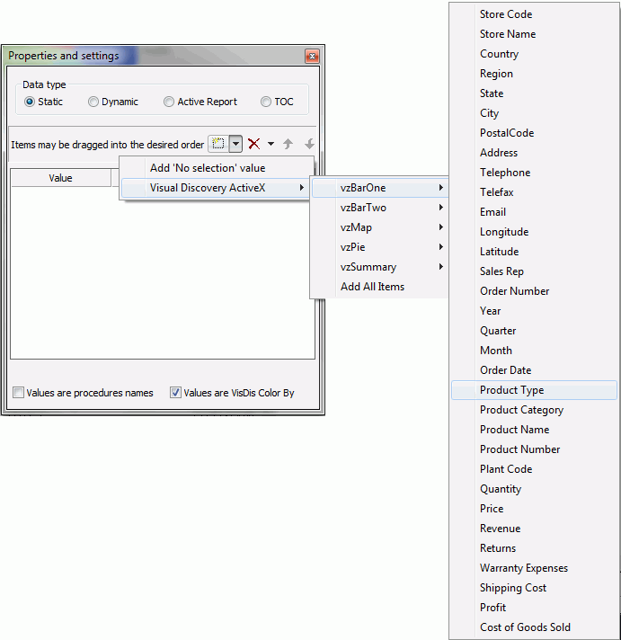 Properties and settings selection for Color by control