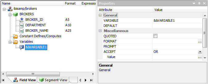 The Properties page shows the variable attributes