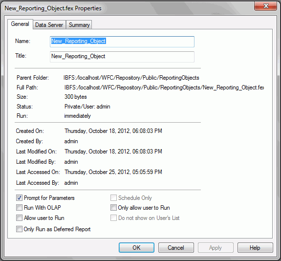 Reporting Object Properties Dialog Box