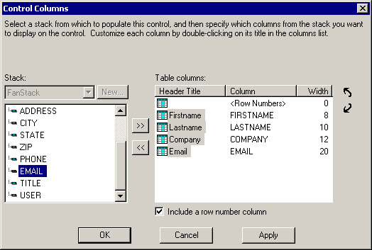 Control columns dialog box