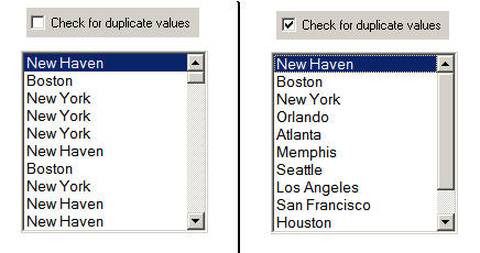 List box with check for duplicate value option off and on.