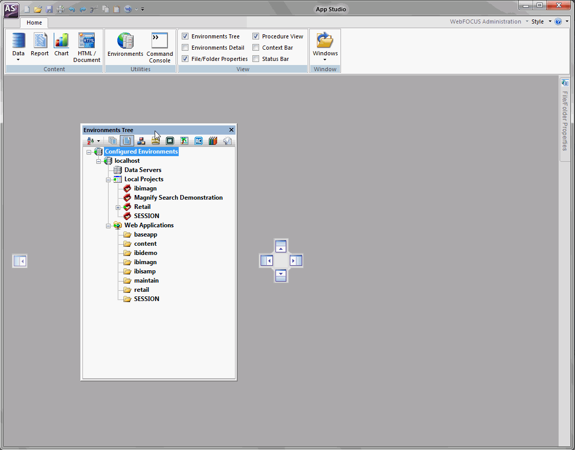 Floating Environments Tree panel with App Studio handles