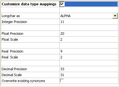 Customize data type mappings check box