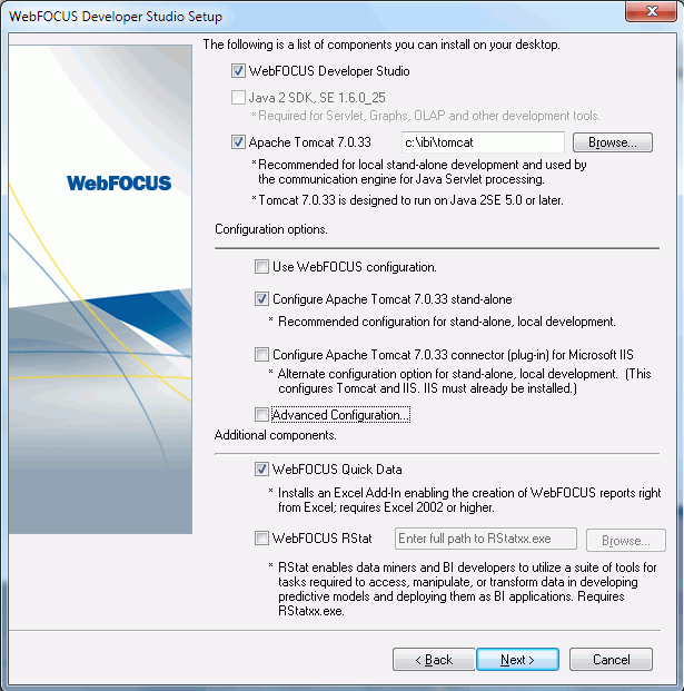WebFOCUS Developer Studio Setup dialog box