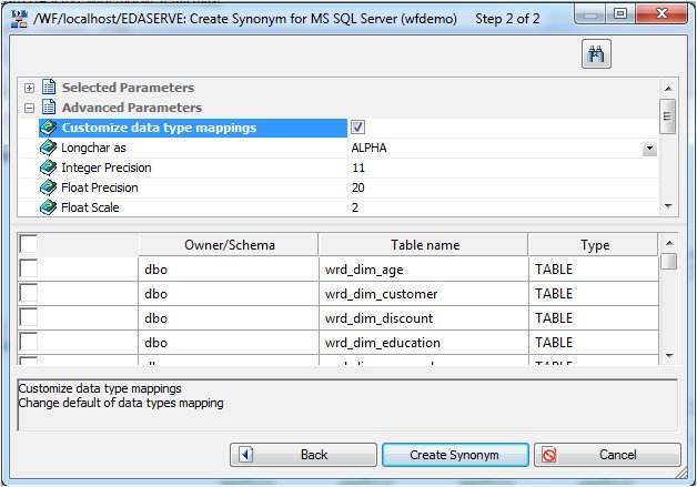 Select tables to create synonyms