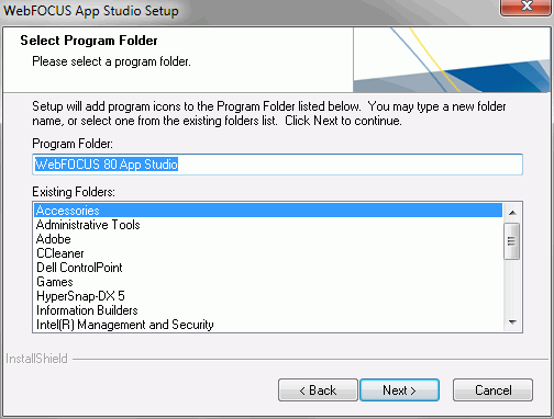 Select Program Folder window