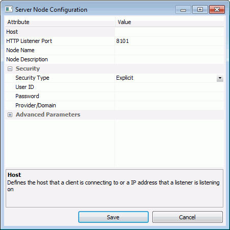 Server Node Configuration window