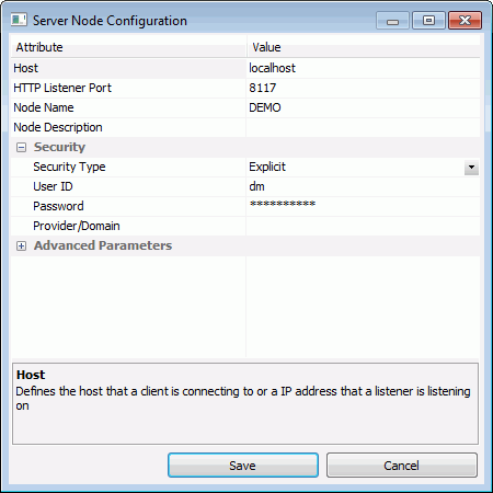 Server Node Configuration window