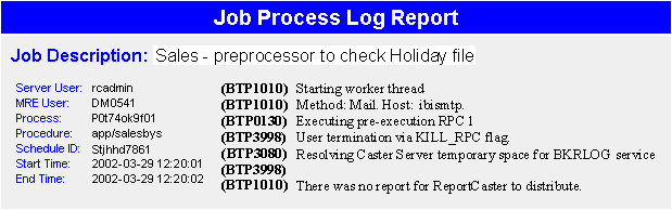 Job Process log report