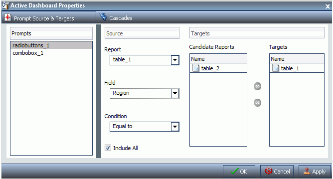 Active Dashboard Properties Dialog Box With Candidate Reports List and Target List Populated