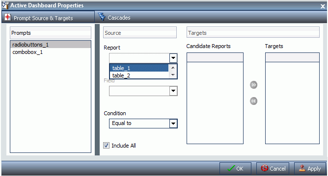 Active Dashboard Properties Dialog Box With Report Selected