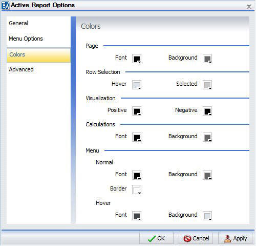 Active Report Options Dialog Box Colors Tab