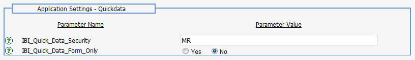 Administration Console, Configuration section, Application Settings, Quickdata panel