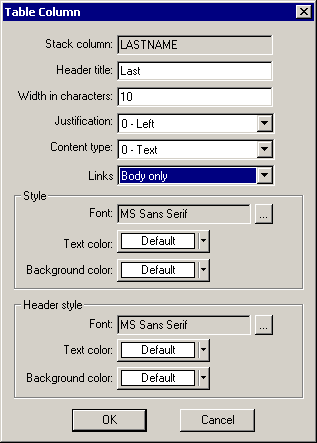 Table Column dialog box