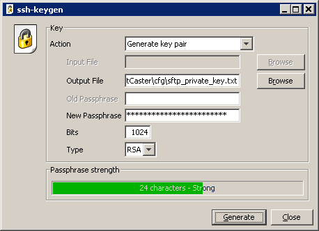 SFTP keygen utility dialog box (filled out)